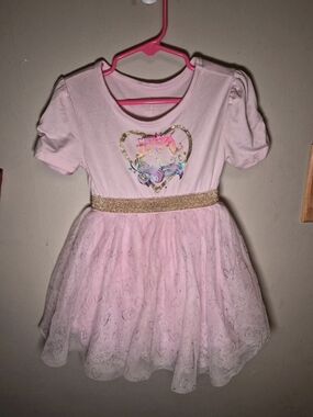Kidgets Pink Unicorn Heart Tulle Dress with Gold Waistband